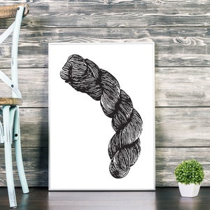 Yarn printable wall art, digital download, printable wool skein, black and white craft room poster, knitting corner decor, yarn hank print