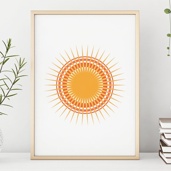 Sun wall art, digital download printable home decor, orange modern print, sunburst poster, horizontal or verticle prints