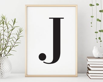 J printable art, digital download typography print, J initial poster, black and white letter wall art