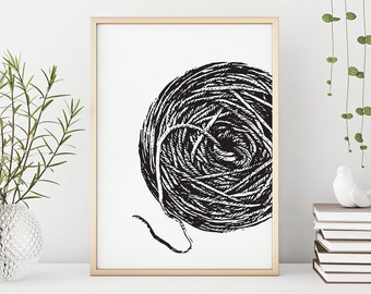 Yarn ball printable art, digital download, craft room print, knitter's home decor, black and white wall art in sizes up to 18" x 24" and A2