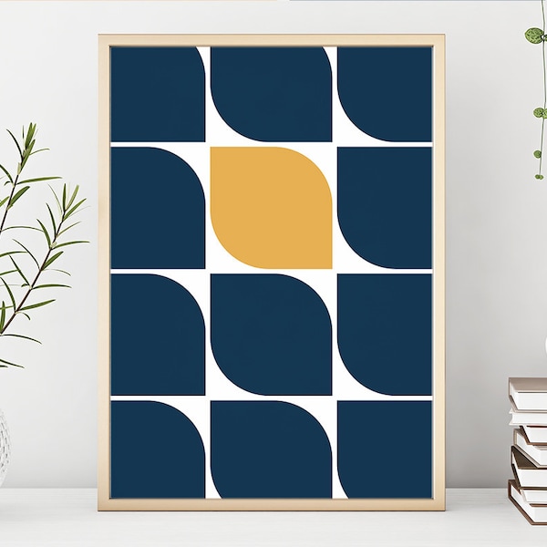 Navy blue multi-size wall art poster, digital download Nordic style blue and yellow home decor, mid century modern