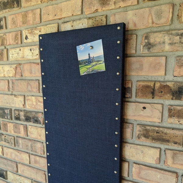 New Style! PREMIUM Sleek Modern NAVY Burlap Magnetic Bulletin Board,  14" x 30" Medium Magnet Board, Wedding Photo Display, Memory Board