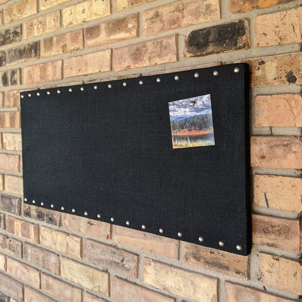 New Style! PREMIUM Sleek Modern BLACK Burlap Magnetic Bulletin Board,  14" x 30" Medium Magnet Board, Wedding Photo Display, Memory Board