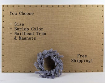 Premium CLASSIC Burlap Fabric Magnetic Bulletin Board w Nail Head Trim - Photo Display - Wedding Board - Memo Board - Vision Board