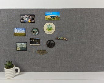 Large 24" x 36" Gray Linen Fabric Magnetic Board, Nail Head Accents, Bulletin Board, TRAVEL Magnet Display Board, Office Organization