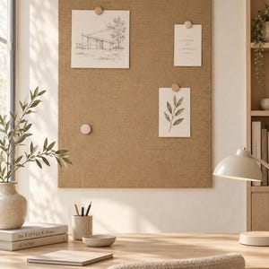 May include: A rectangular tan linen-covered bulletin board mounted on a wall, featuring three pinned papers: a sketch of a building, a botanical leaf illustration, and a card with the text A QUIETER DAY A BRIGHTER MIND, held by wooden pins.