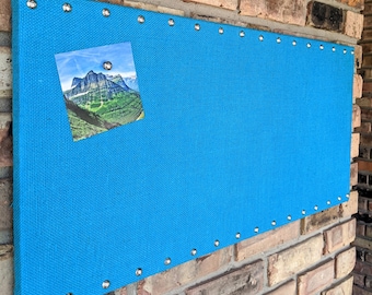 New Style! PREMIUM Sleek Modern Turquoise Burlap Magnetic Bulletin Board  14" x 30" Medium Magnet Board, Wedding Photo Display, Memory Board