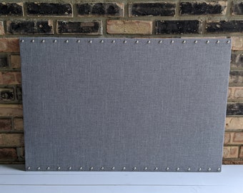 Large 24" x 36" Heather Gray Linen Fabric Magnetic Bulletin Board, Nail Head Trim on 2 Sides, TRAVEL Magnet Display, Office Organization