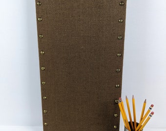 New Style! PREMIUM Sleek Modern Brown Burlap Magnetic Bulletin Board,  14" x 30" Medium Magnet Board, Wedding Photo Display, Memory Board