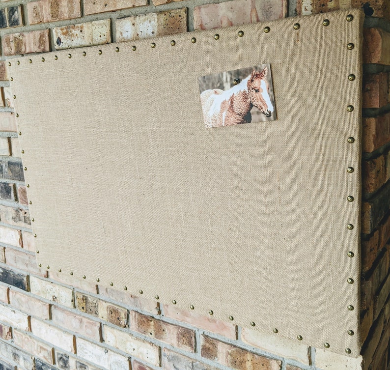 Premium CLASSIC Burlap Fabric Magnetic Bulletin Board w Nail Head Trim Photo Display Wedding Board Memo Board Vision Board image 3