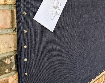 Large Navy Blue Bulletin Board 24x36 Inch - Rustic Burlap Photo Display, Wedding & Office Memo Board With Antique Brass Nail Head Trim