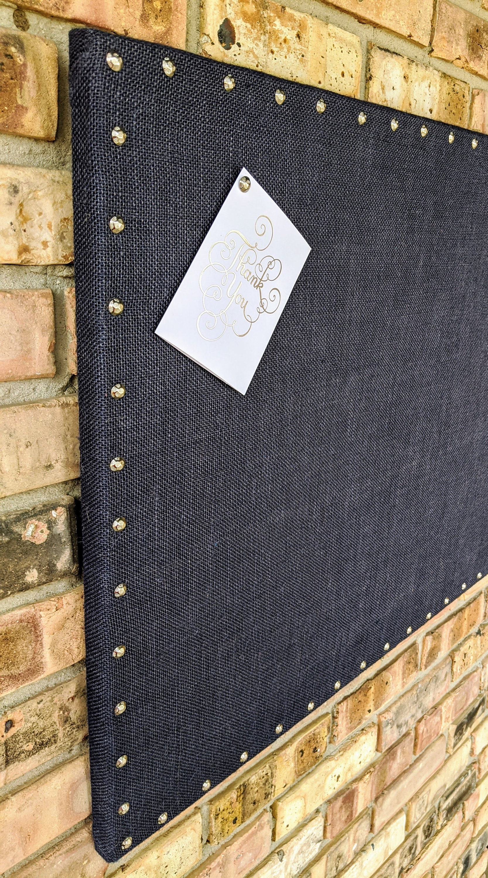Large Navy Blue Bulletin Board 24x36 Inch - Rustic Burlap Photo Display, Wedding & Office Memo Board With Antique Brass Nail Head Trim