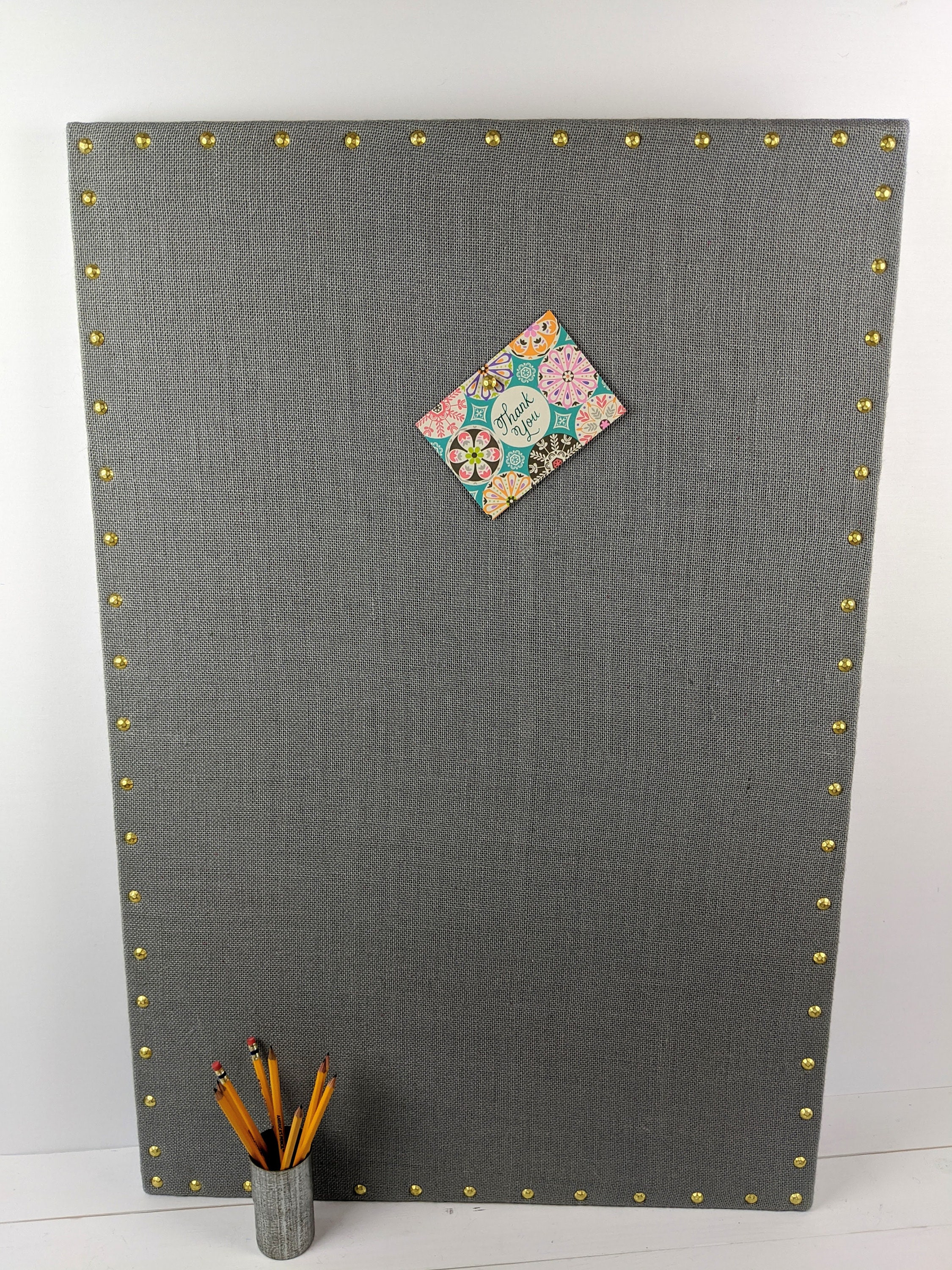 Large Navy Blue Bulletin Board 24x36 Inch - Rustic Burlap Photo Display, Wedding & Office Memo Board With Antique Brass Nail Head Trim