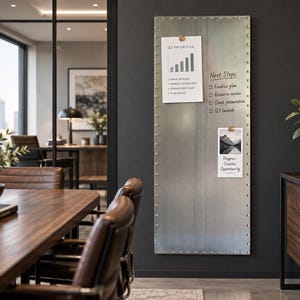 May include: A rectangular vertical metal magnetic board with a brushed silver finish and decorative studs along the perimeter. The board displays a white paper with Q3 PRIORITIES text and a second paper with Next Steps and a mountain landscape photo.