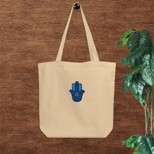 Hebrew Chai Hamsa embroidered organic cotton tote bag, Stylish spiritual Jewish symbol embroidery