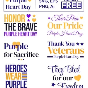 Purple Heart Day SVG Bundle | Military Typography PNG, EPS, Dxf | Honoring Veterans Clipart | Cricut & Silhouette Cut Files