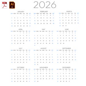 Może przedstawiać: Kalendarz na rok 2026 w prostym, minimalistycznym stylu. Kalendarz ma białe tło z rokiem na górze i miesiącami ułożonymi w rzędach. Dni każdego miesiąca są w niebieskiej czcionce.
