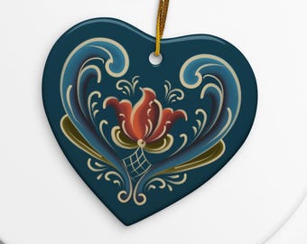 Handmade Ceramic Heart Ornament – Norwegian Rosemaling Folk Art, Scandinavian Christmas Decor, Nordic Gift