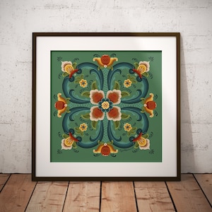 Norwegian Rosemaling Art Print | Norway | Folk Art | Norway Square Wall Art | Norwegian Gift | Scandi Art Print | Kurbits