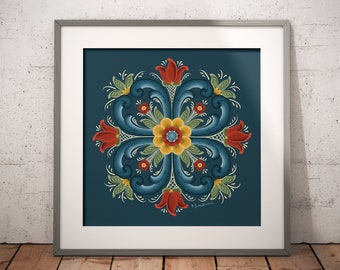 Norwegian Rogalund Rosemaling Art Print | Rosemaling | Folk Art | Norway Square Wall Art | Norwegian Gift | Art Print | Scandi Art