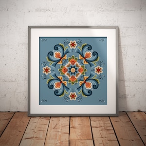 Norwegian Rogalund Rosemaling Art Print | Sweden | Folk Art | Norway Square Wall Art | Norwegian Gift | Scandi Art Print | Kurbits