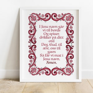Norwegian Kitchen Prayer Art Print Red | Rosemaling | Folk Art | Norway Wall Art | Norwegian Gift | Art Print | Scandi Art