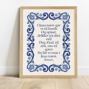 Norwegian Kitchen Prayer Blue Art Print | Rosemaling | Folk Art | Norway Wall Art | Norwegian Gift | Art Print | Scandi Art