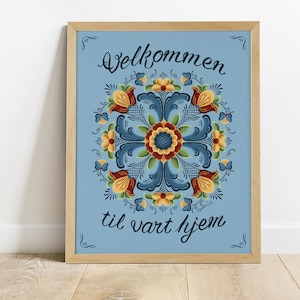 Norwegian Welcome Sign Art Print | Velkommen | Rosemaling | Folk Art | Norway Wall Art | Norwegian Gift | Rosemale | Scandi Art | Rogalund