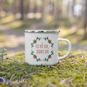 Norwegian Rosemaling Enamel Mug | &quot;Ut på tur, aldri sur&quot; Norwegian Saying Mug | Norway Gift | Norway Camping Mug