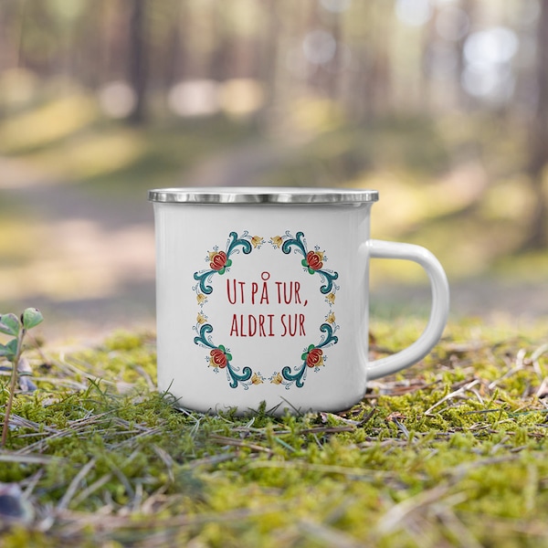 Norwegian Rosemaling Enamel Mug | "Ut på tur, aldri sur" Norwegian Saying Mug | Norway Gift | Norway Camping Mug