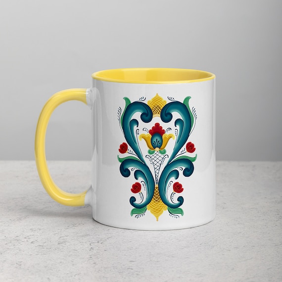 Norwegian Kitchen Prayer Mug: Rosemaling Folk Art, Norway Gift