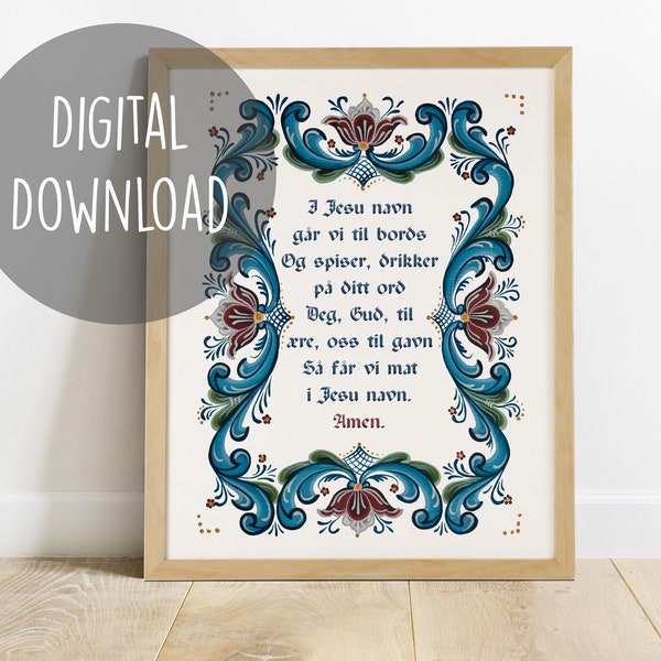 DIGITAL DOWNLOAD | Norwegian Kitchen Prayer Art Print | Rosemaling | Folk Art | Norway Wall Art | Norwegian Gift | Art Print | Scandi Art