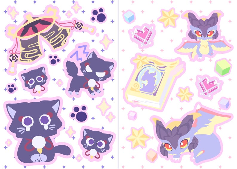May include: A collection of stickers featuring cartoon illustrations of cats, a book, and a mythical creature. The stickers have a pink border and are decorated with stars, paw prints, and geometric shapes. The color palette includes purple, yellow, and pink.