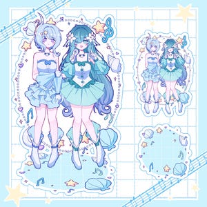 May include: A sticker sheet featuring two anime-style characters with blue hair and outfits, surrounded by seashells, stars, and musical notes. The design includes a large central illustration, a smaller version, and a circular frame for notes.
