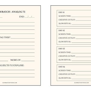 May include: A two-page printable planner with a cream background and black text. The left page is titled SLOWBATCH: ANALOG 75 with fields for start, end, goal, why, less of, more of, and projects. The right page lists daily tracking for days 01-04.