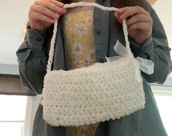 Sparkly White Crochet Ribbon Bag | Elegant Shimmer Sholder Tote | Chic Bridal Bachelorette Evening Purse