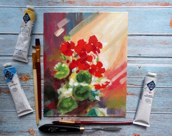 oil painting, Geranium, 7.9x9.8 inch, 20x25 cm, original art, canvas panel