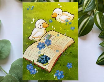 Carte postale imprimée A6 représentant un caneton lisant un livre / Carte postale avec des canards lisant un livre