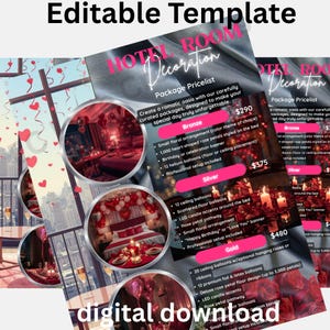 Puede incluir: Una plantilla editable para paquetes de decoración de habitaciones de hotel. La lista de precios del paquete incluye opciones de Bronce, Plata y Oro, con detalles sobre arreglos florales, globos y configuración. El texto "descarga digital" es visible.