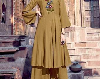 Heavy Fabric Reyon Kurti With Plazzo Kurti And Plazzo Gift For Her Brown Color Indian Dress,Beautiful Kurti And Plazzo Anniversary Suits