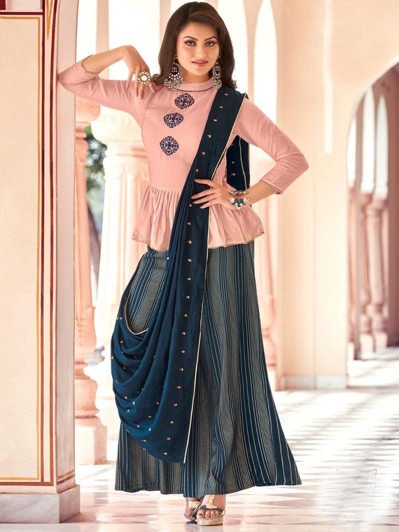 Slik front short back long embroidered kurta with dhoti pants DRYWASH –  Roshni Boutique