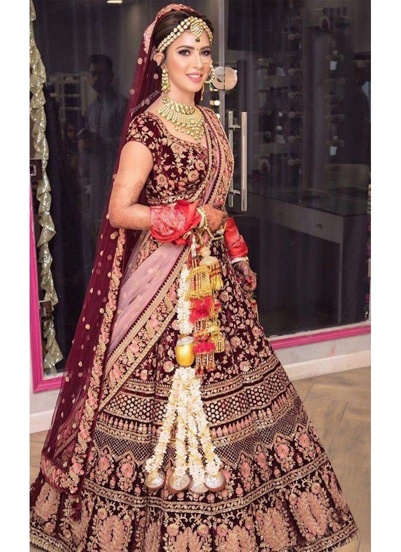 Maroon color top wedding lehenga