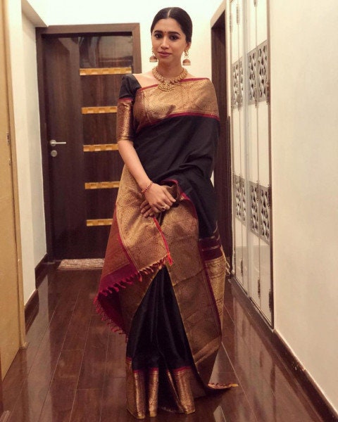 Designer Black and Red Kanchipuram Silk Sarees Casual Wear - Etsy