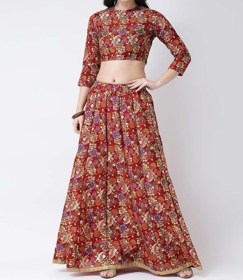 Indian Skirt and Blouses Party Wear Lehenga Casual Lehenga Indian designer Maroon /& Green Woven Ready to Wear Lehenga with Blouse