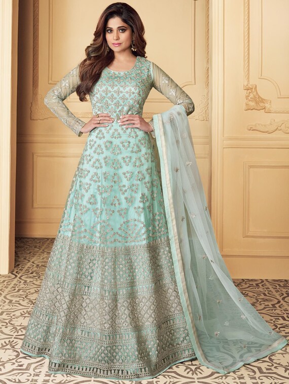 Buy Salwar Suit | Light Blue Embroidery Traditional Pakistani Pant Suit At  Hatkay