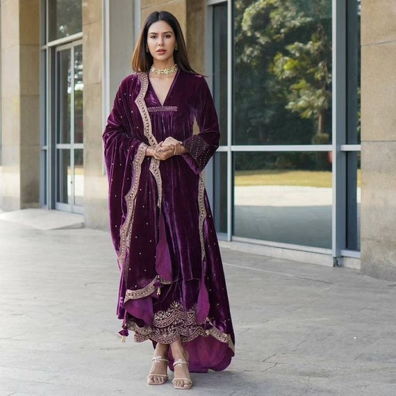 Lt Nitya Afreen Pure Viscos Velvet With Embroidery Winter Salwar Suit  Maroon Color DN 8100 B