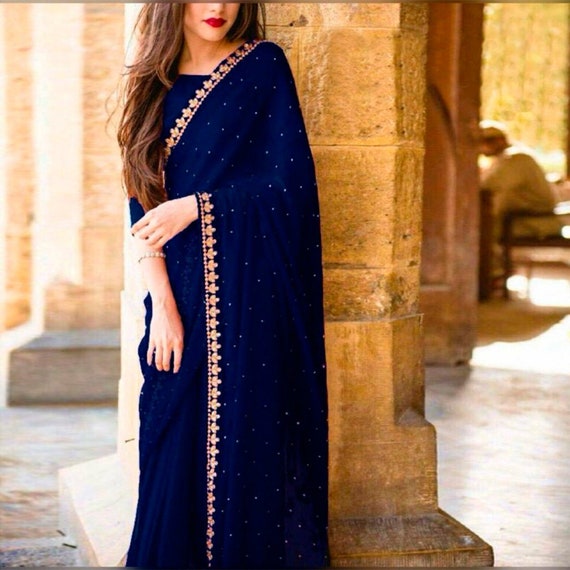 Designer Indian Georgette Embroidered Saree, Navy Blue Saree