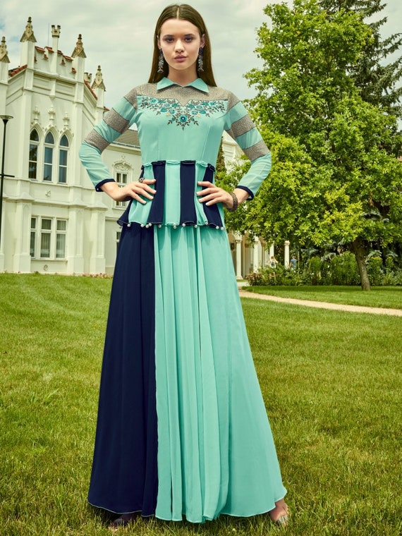 Buy Teal Green Silk Embroidered Party Wear Gown Online - LSTV03459 | Andaaz  Fashion