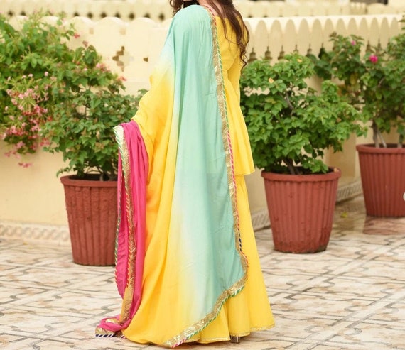 Banarasee Art Silk Salwar Kameez Fabric With Contrast Dupatta-Yellow