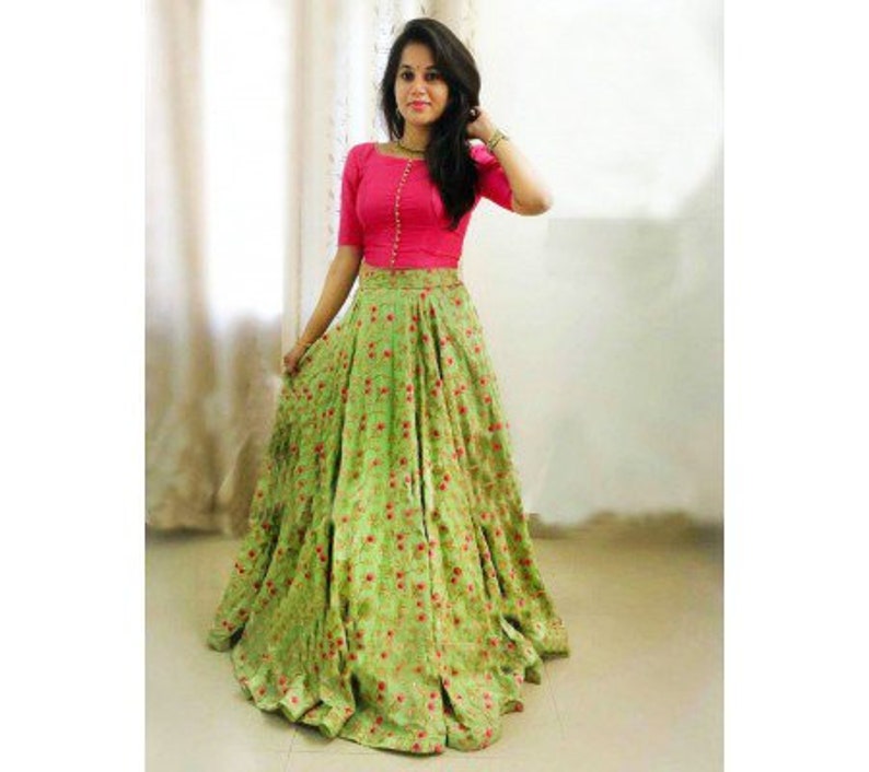 Silk Embroidery Stiched Lehenga Crop Top pink & Green - Etsy
